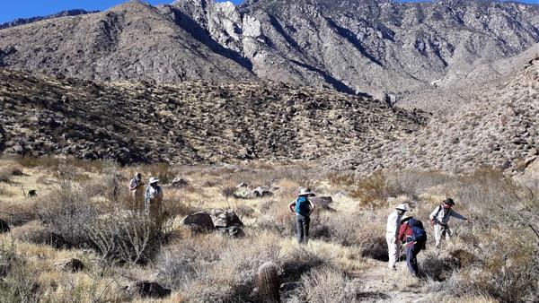 Scientists gathering data outside against a backdrop of beautiful mountains