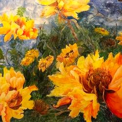 Painting of yellow flowers with some greenery 