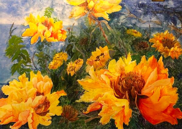 Painting of yellow flowers with some greenery 