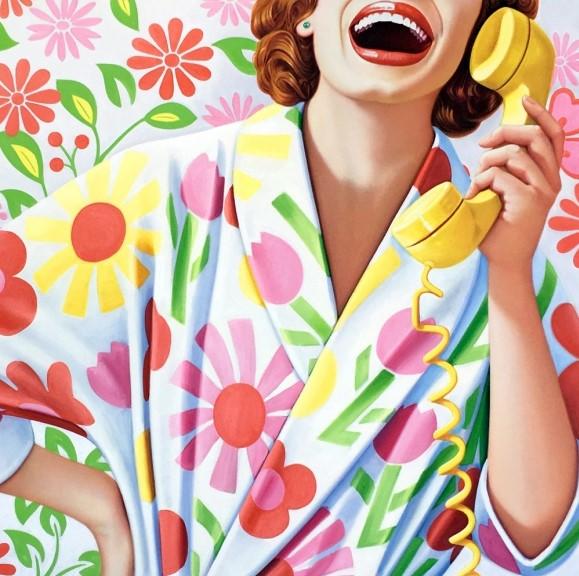 Painting of a laughing woman on the phone