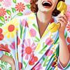 Painting of a laughing woman on the phone